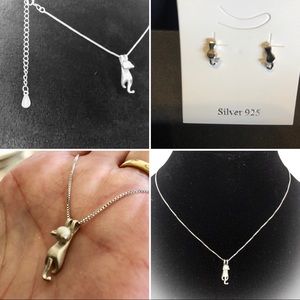 925 Sterling Silver Cat Necklace and Earring Set  Gift Set